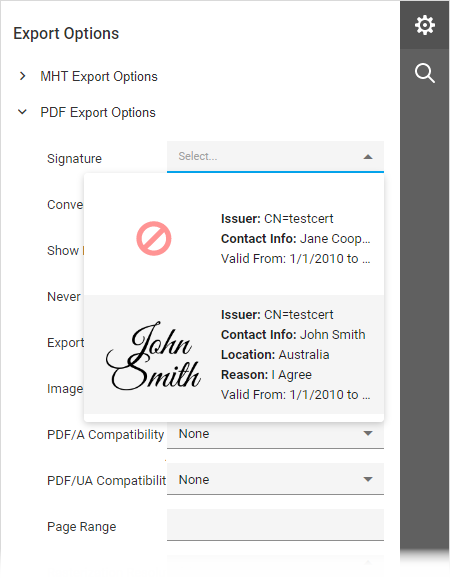 Web Document Viewer - PDF Export Options - Signatures