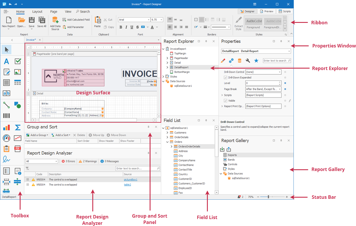 end-user-report-designer-elements-ribbon-interface-windows-forms
