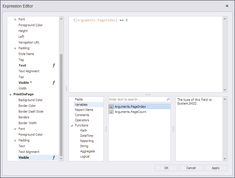 Expression Editor for the PrintOnPage event