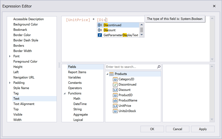 IntelliSense in the Expression Editor