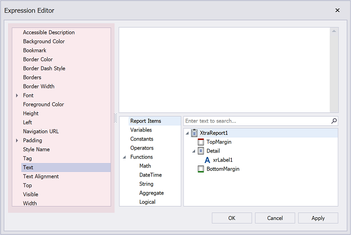 Properties List in the Expression Editor