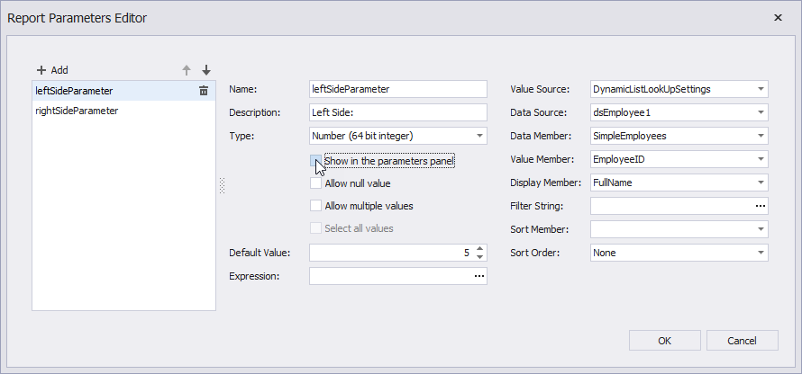 Hide a parameter from the Parameters Panel