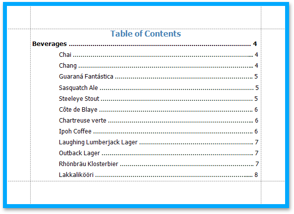 table of contents report