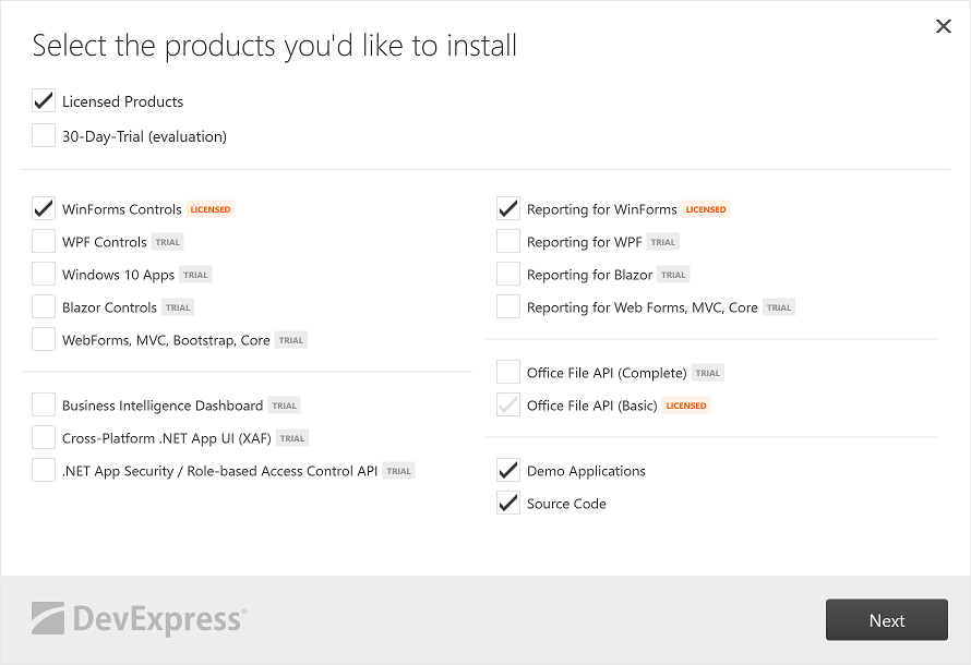 DevExpress Installer - WinForms Subscription