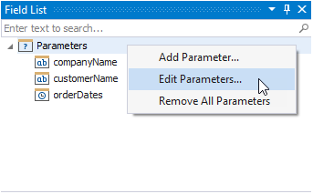 Invoke the Report Parameters Editor from the Field List