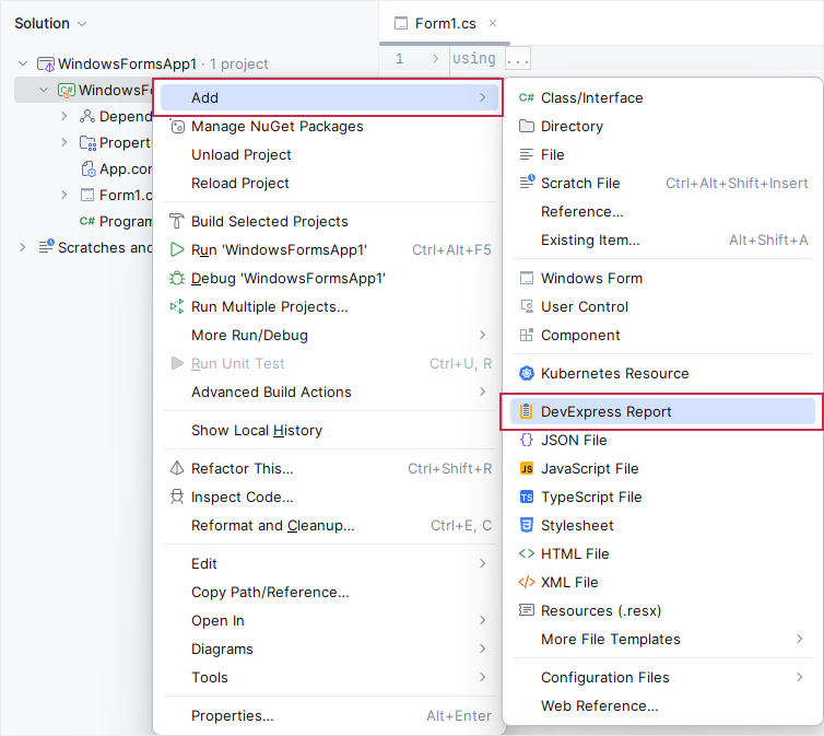 JetBrains Rider Context Menu - Add DevExpress Report