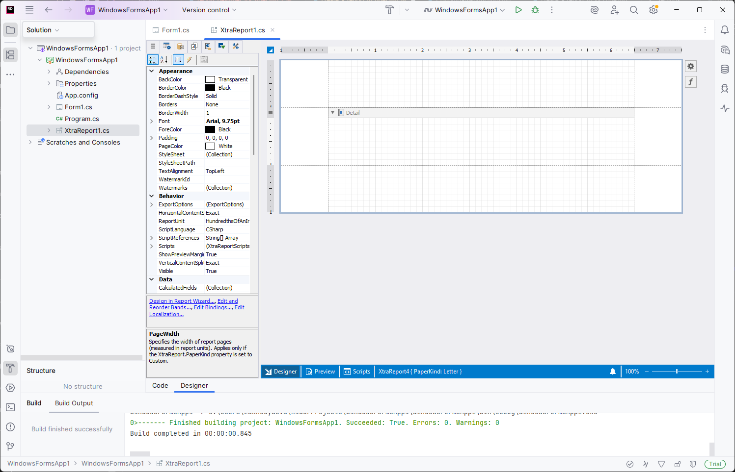 JetBrains Rider Report Designer with Band Layout