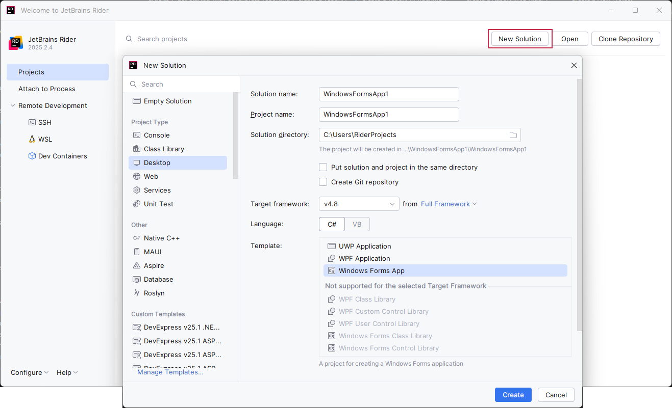 JetBrains Rider New Solution Dialog - Specify Project Settings