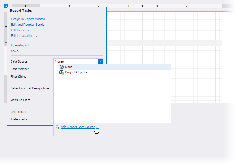 5.1. Open the report's smart tag, expand the Data Source property's drop-down list, and click **Add Report Data Source**.