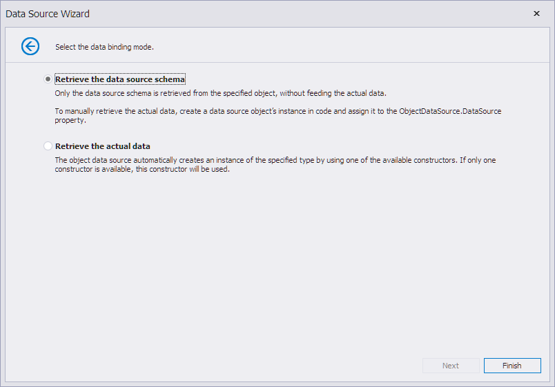 5.5. Select **Retrieve the data source schema** and click **Finish**.