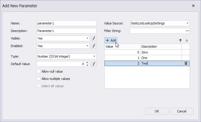 Specify static values for a report parameter