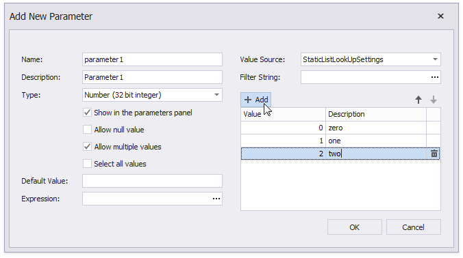 Specify static values for a report parameter