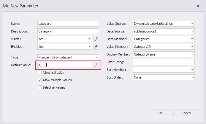 Specify default values for a multi-value parameter