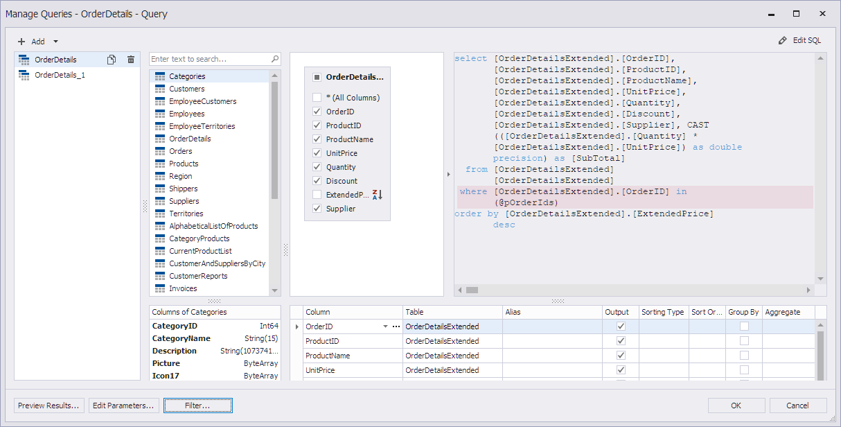 datagrip query parameters