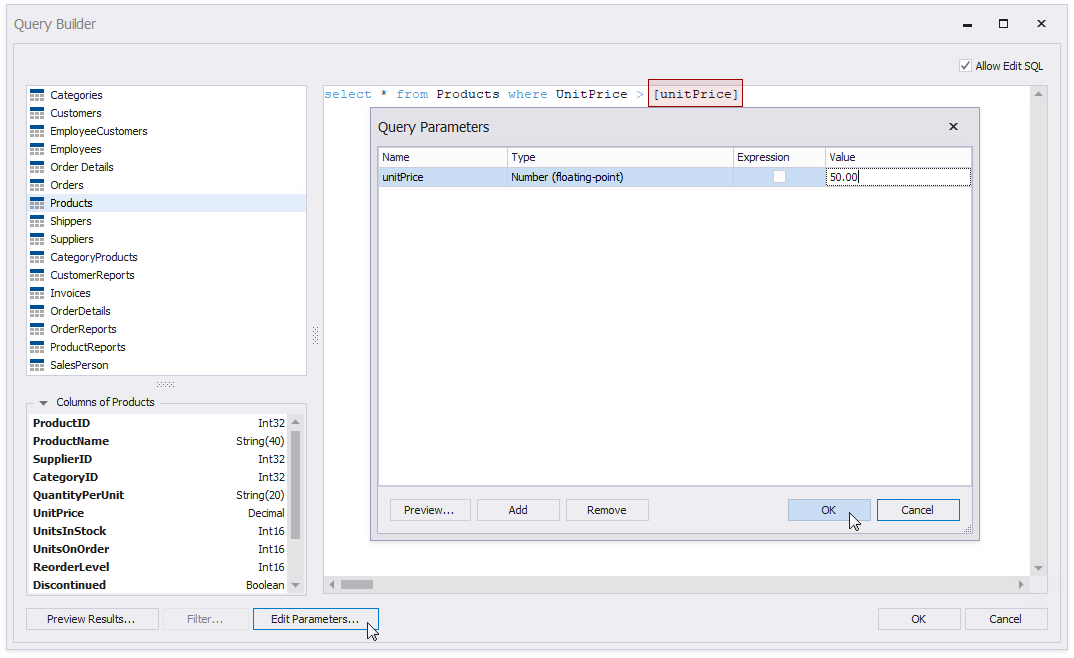 Specify a Parameter in a Custom Query