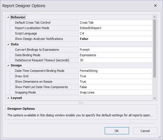 Report Designer for Rider Designer Options