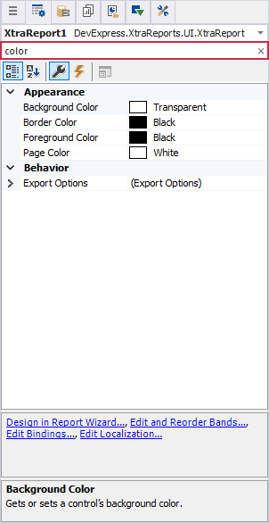 Report Designer for Rider Properties Window Search