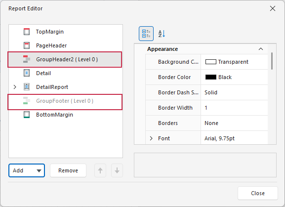 GroupHeader and GroupFooter band placeholders