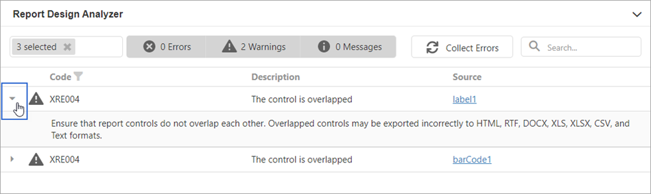 Expand a Recommendation in the Report Design Analyzer