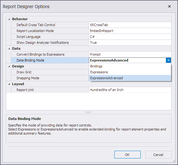 Report Designer Options Dialog Expressions Advanced Mode