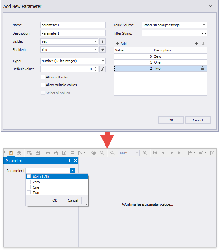 Create a report parameter with predefined static values