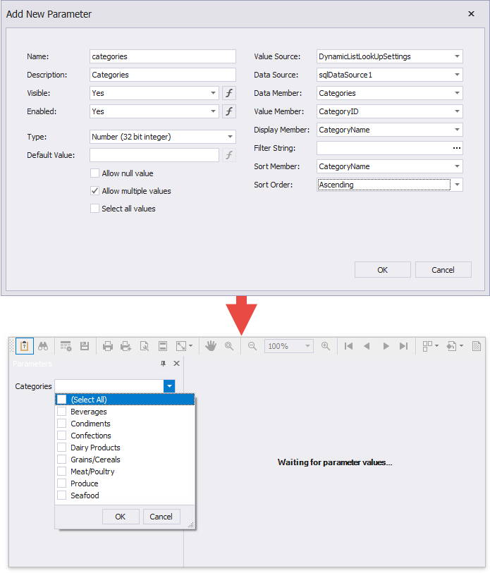 Create a report parameter with dynamic values