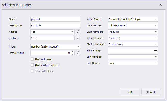 Specify parameter options for a parameter with dynamic values