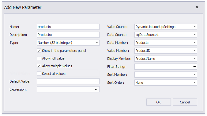 Specify parameter options for a parameter with dynamic values