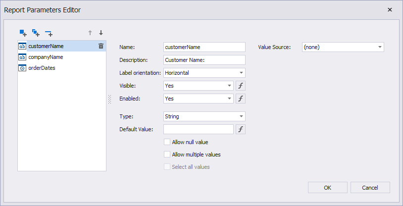 The Report Parameters Editor