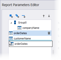 The Report Parameters Editor - Drag-and-drop elements in the menu