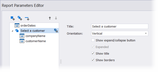 The Report Parameters Editor - Group customization options