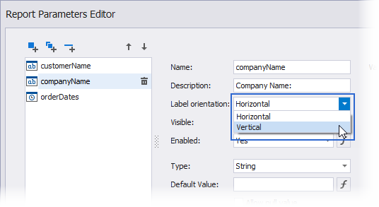 The Report Parameters Editor - Specify label orientation