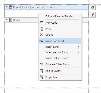 Report Designer SubBand Context Menu