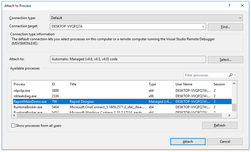 Attach To Process dialog