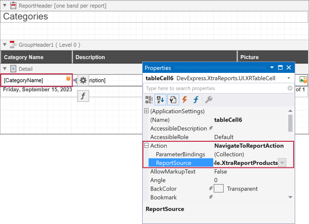 Specify the Navigate to Report action