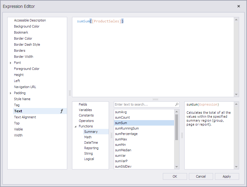 Summary Expression Editor Dialog