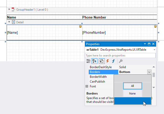 **Designer**. The table occupies the entire **Detail** band. Only the **Bottom** border of the table is enabled.