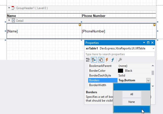 **Designer**. The table occupies the entire **Detail** band. Both **Top** and **Bottom** borders of the table and the header are enabled.