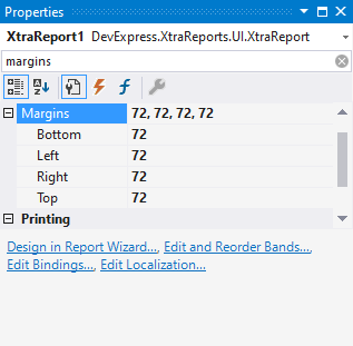 Set up the size of report margins