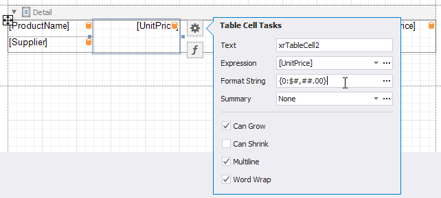 Set up the UnitPrice cell's format string