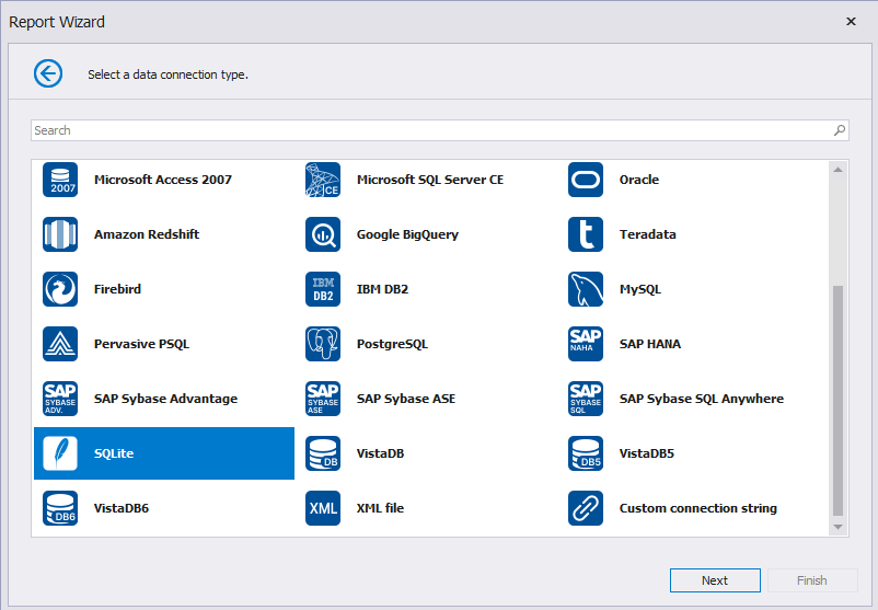 Select **SQLite** and click **Next**.