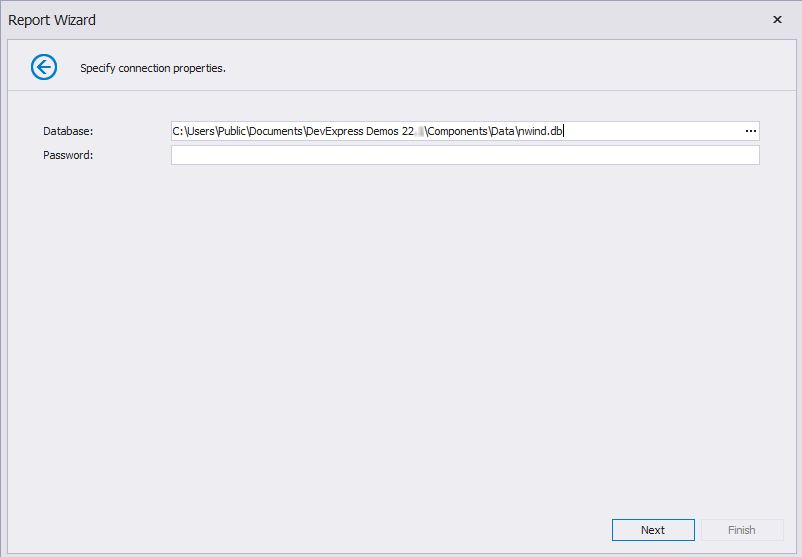 Set the **Provider** to **SQLite** and the **Database** to the data file. Click **Next**.