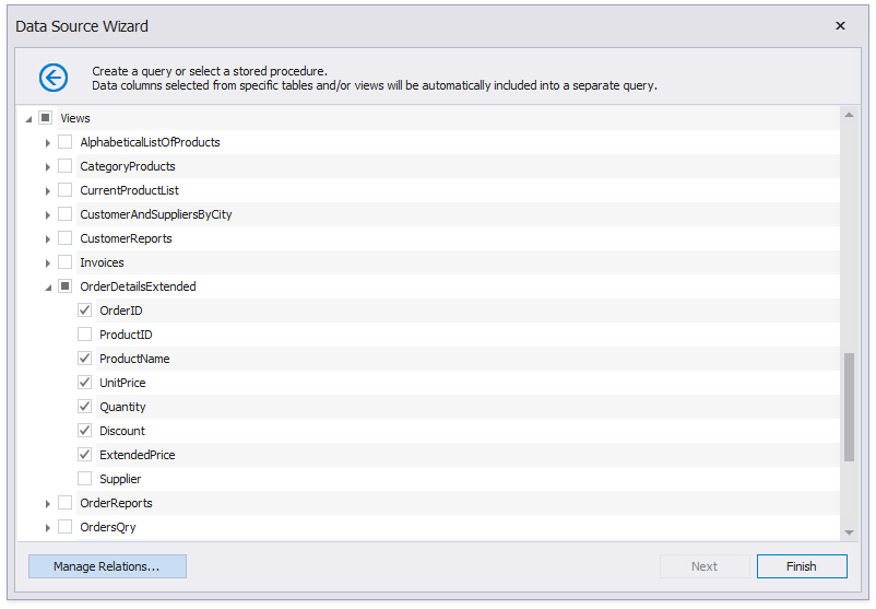 Select data tables and fields. Click **Manage Relations**.