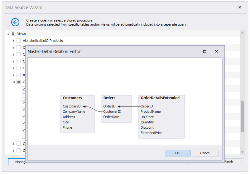 Specify relationships between the data tables and click **OK**. Click **Finish** to close the Data Source Wizard.