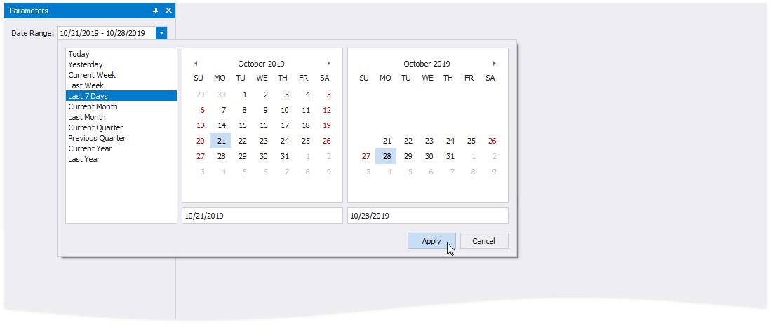 A date range parameter's editor on Print Preview.