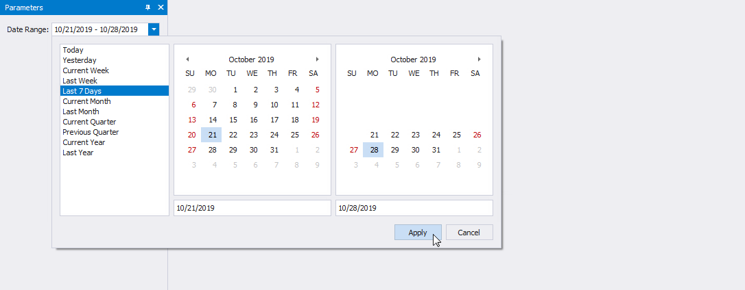 A date range parameter's editor on Print Preview.