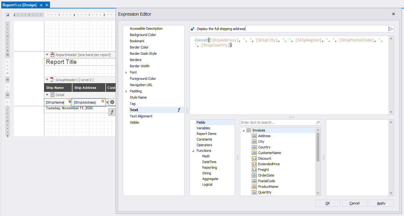 Prompt to Expression Result - Expression Editor in the Visual Studio Designer, DevExpress Reports