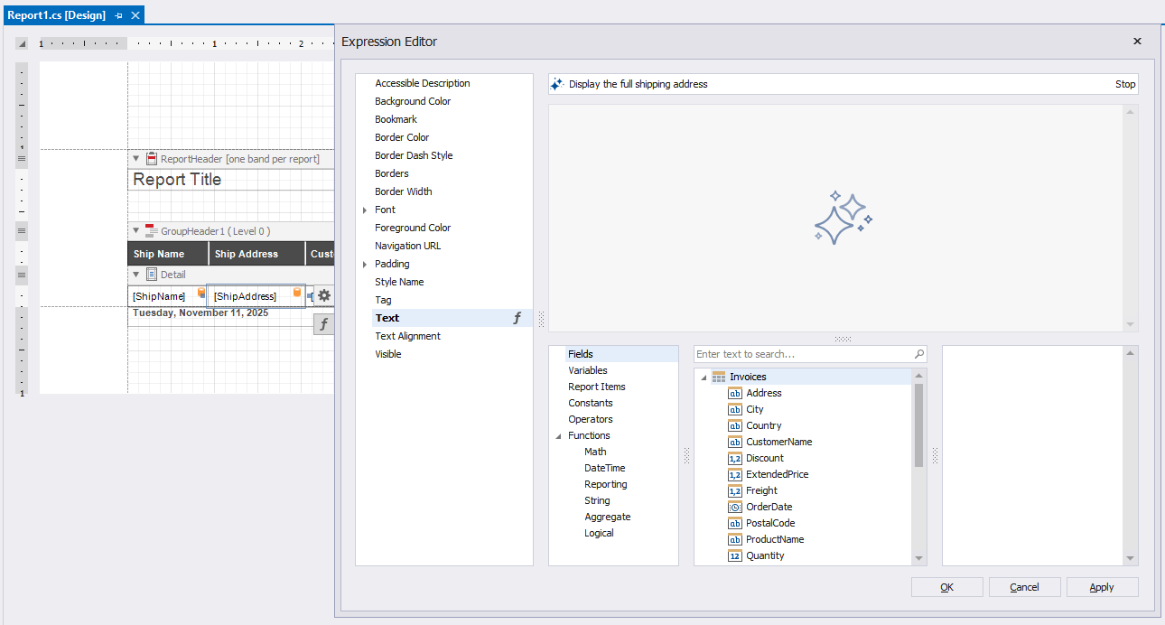 Prompt to Expression - Expression Editor in the Visual Studio Designer, DevExpress Reports