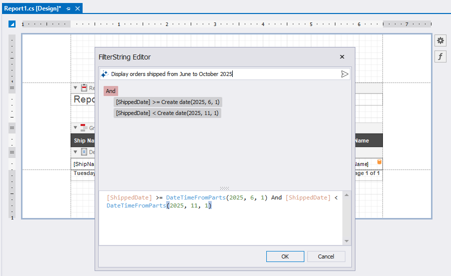 Prompt to Expression Result - Filter Editor in the Visual Studio Designer, DevExpress Reports