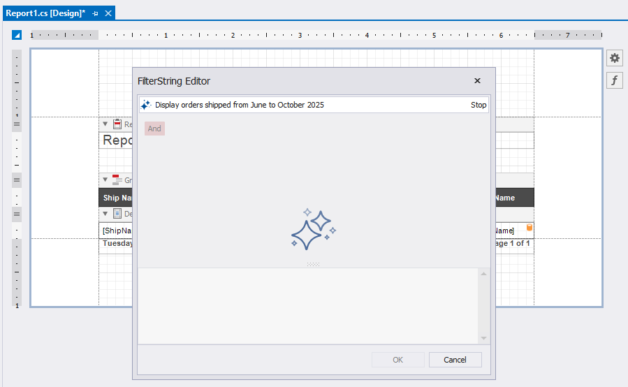 Prompt to Expression - Filter Editor in the Visual Studio Designer, DevExpress Reports